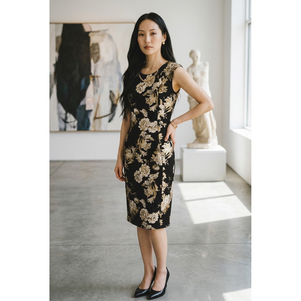 Enfocus Studio Women's Black Gold Floral Chain Sheath Dress Size‎ 12